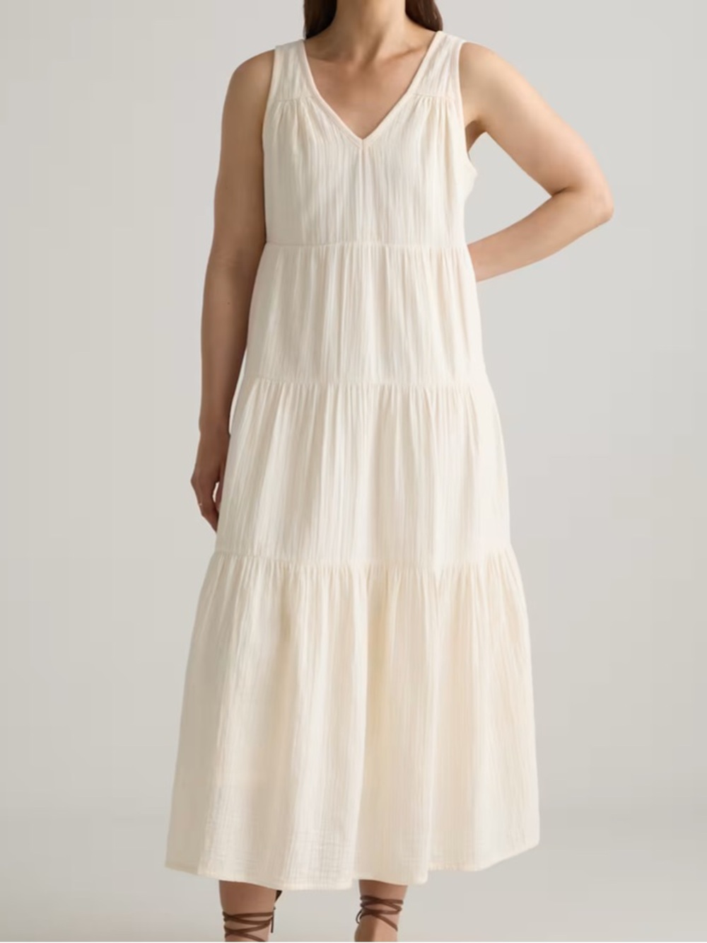 Quince Cream Sleeveless V‑Neck Tiered Maxi Dress NEW Size Small